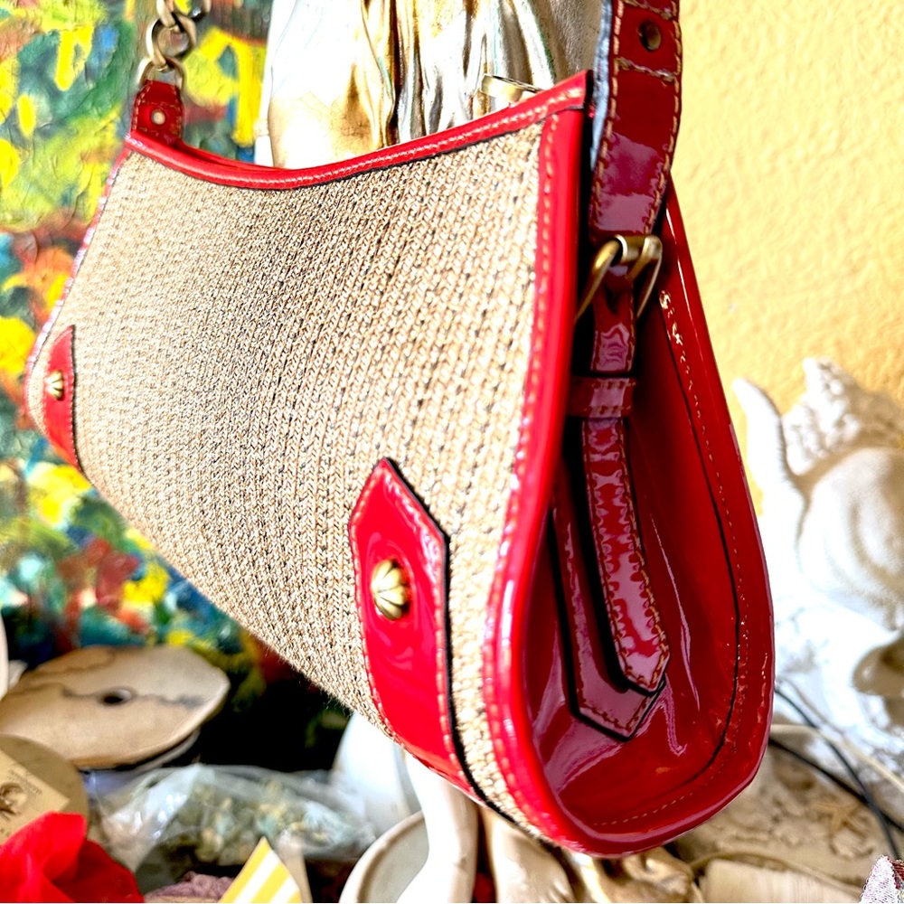 Vintage Eric Javits handbag shoulder purse straw and red patent leather & gold